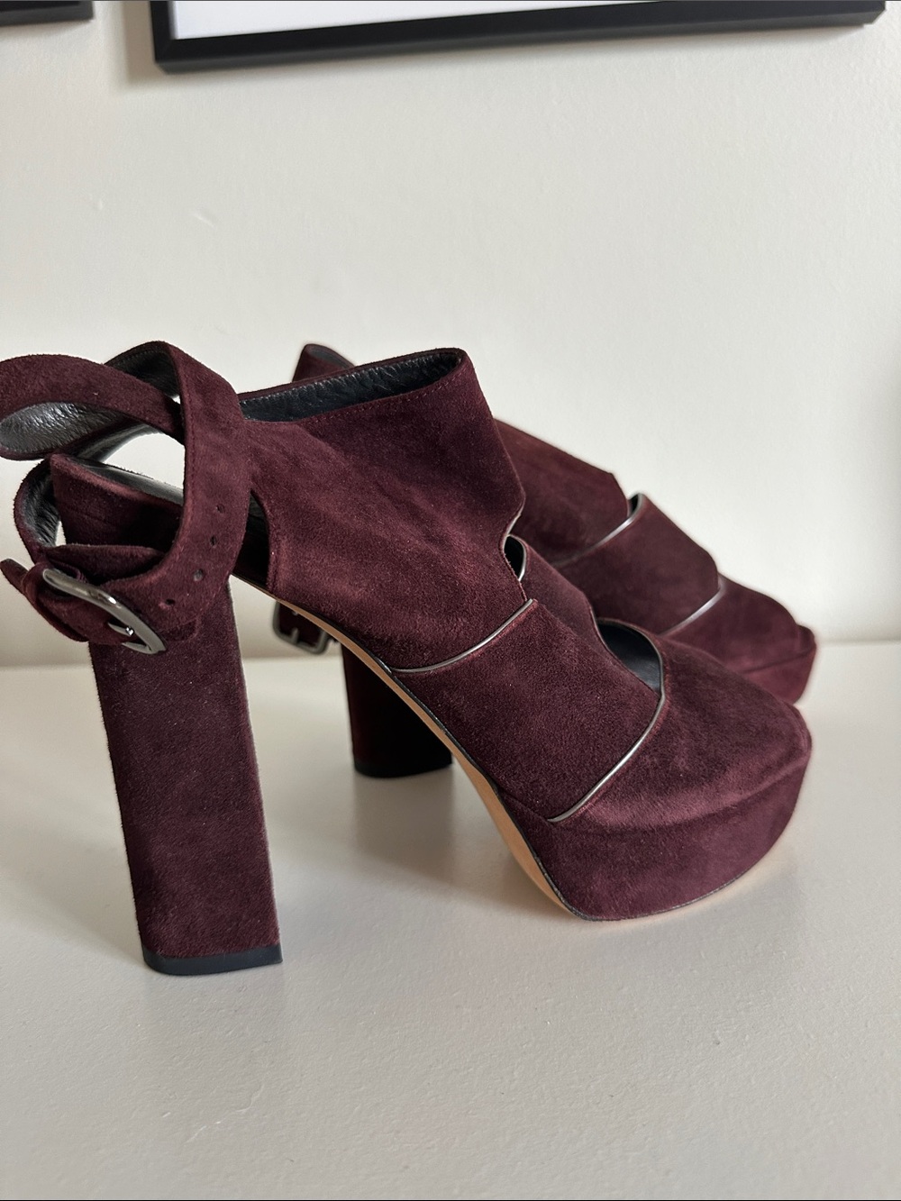 Stuart Weitzman Burgundy Suede Platform Block Heel Sandals